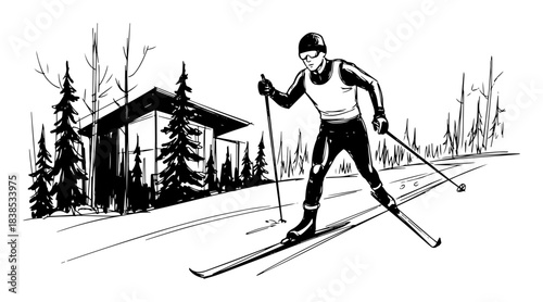 cross country skier on snowy trail vector shape silhouette