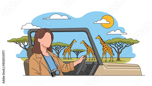 Flat illustration of a woman on safari observing giraffes and savannah landscape. Perfect for wildlife tourism and African travel themes