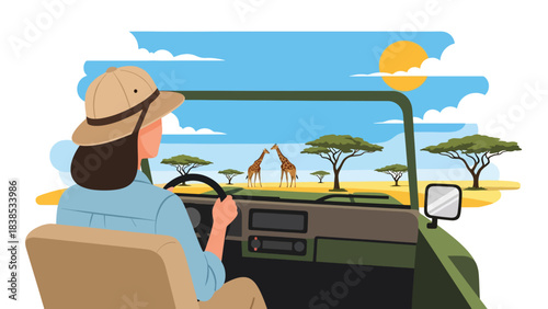 Flat illustration of a woman on safari observing giraffes and savannah landscape. Perfect for wildlife tourism and African travel themes