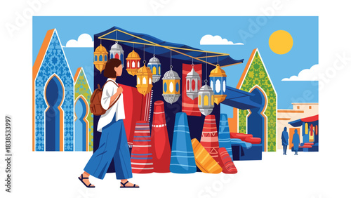 Flat illustration of a woman exploring a Moroccan bazaar with carpets, mosaic patterns, and lanterns. Perfect for cultural tourism and travel art