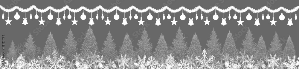 Obraz premium Christmas silhouette long garland and lots of Christmas trees. hand drawing. Not AI, Vector illustrations