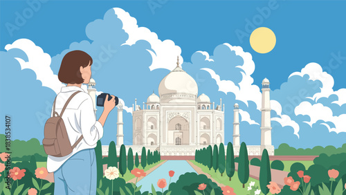 Flat illustration of a woman admiring Taj Mahal with reflection pool and floral garden. Perfect for culture, romance, and world travel themes