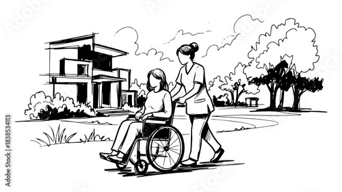 nurse pushing elderly woman in wheelchair sketch vector