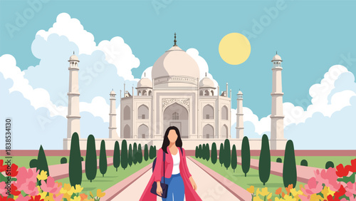 Flat illustration of a woman admiring Taj Mahal with reflection pool and floral garden. Perfect for culture, romance, and world travel themes