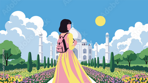 Flat illustration of a woman admiring Taj Mahal with reflection pool and floral garden. Perfect for culture, romance, and world travel themes