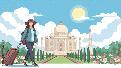 Flat illustration of a woman admiring Taj Mahal with reflection pool and floral garden. Perfect for culture, romance, and world travel themes