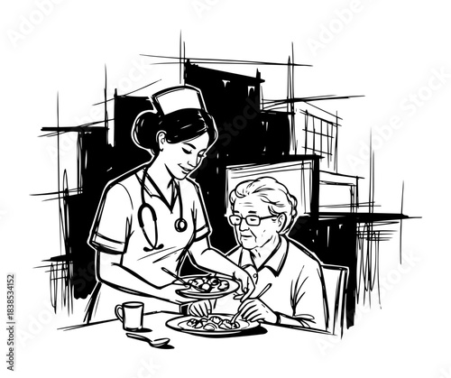 nurse feeding elderly woman at table sketch vector