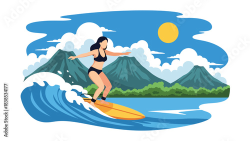 Flat illustration of a woman relaxing or surfing in Hawaii with tropical beach, flowers, and mountains. Great for vacation and lifestyle travel themes