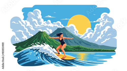 Flat illustration of a woman relaxing or surfing in Hawaii with tropical beach, flowers, and mountains. Great for vacation and lifestyle travel themes