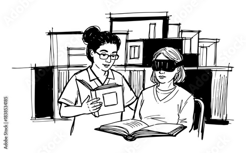 nurse helping blind woman read braille sketch vector