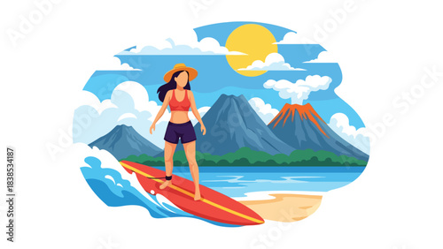 Flat illustration of a woman relaxing or surfing in Hawaii with tropical beach, flowers, and mountains. Great for vacation and lifestyle travel themes