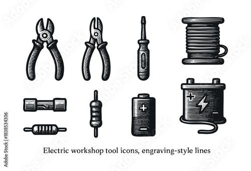 Engraved-style icons of electric workshop tools on white background — stock vector.