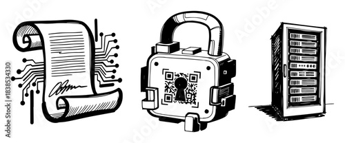 cybersecurity padlock digital data sketch vector
