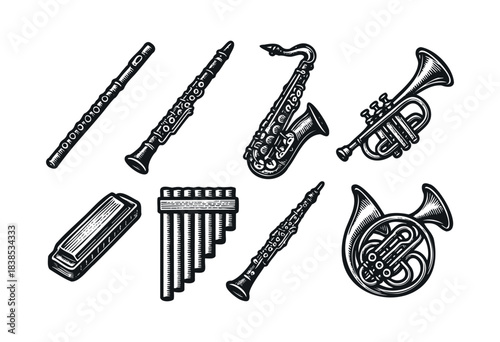 Monochrome vintage-style illustration of various orchestral instruments, including flute, clarinet, saxophone, trumpet, harmonica, panpipes, and french horn — stock vector.
