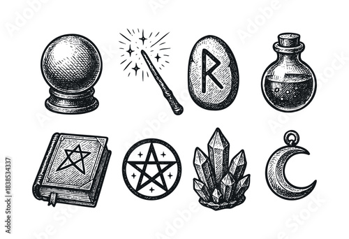 Set of magical tools and symbols in engraved style, including a crystal ball, magic wand, rune, potion, spellbook, pentagram, quartz cluster, and crescent moon — stock illustration.