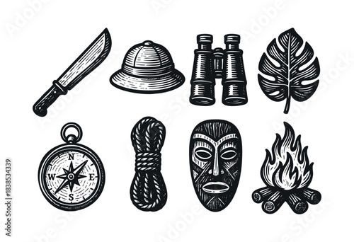 Hand drawn vector illustration of a vintage travel and adventure kit, including a machete, pith helmet, binoculars, compass, rope, african mask, tropical leaf, and campfire — stock vector.