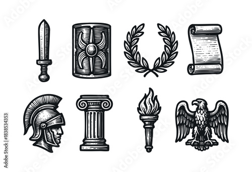 A collection of hand-drawn Roman symbols including a sword, shield, wreath, scroll, helmet, column, torch, and eagle — stock vector.