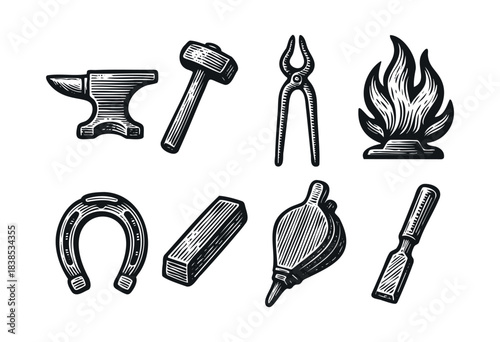 A set of various blacksmith tools in vintage style — stock illustration.