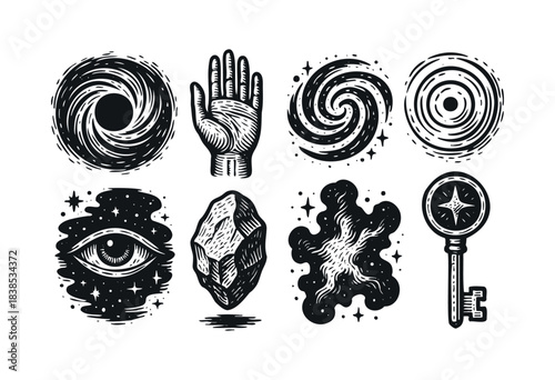 Collection of occult and mystical icons with symbols such as an eye, hand, key, crystals, and spirals in a vintage style — stock illustration.
