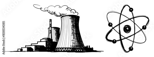 atomic energy plant with atom symbol sketch vector