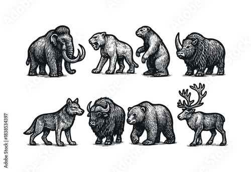 This vector illustration shows an assortment of extinct and modern animals in an engraved style — stock vector.
