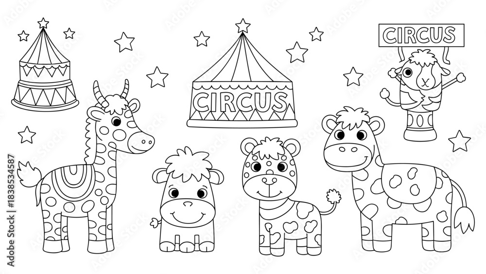 Fototapeta premium Cute circus animals coloring page with giraffe, monkey, and tent