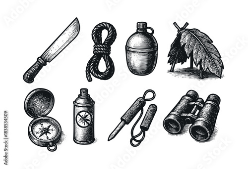 Engraved style illustration of outdoor camping and survival gear in black and white — stock illustration.