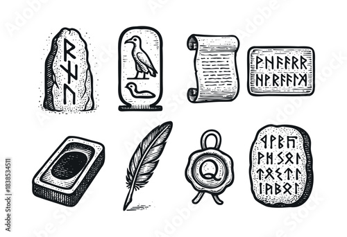 Engraved set of ancient symbols and objects, including runes, egyptian cartouche, scroll, tablet, soap, feather, and wax seal — stock illustration.