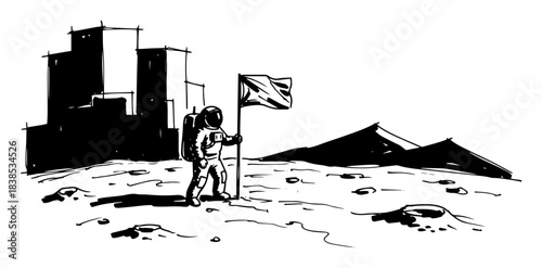 astronaut planting flag on moon or planet vector silhouette