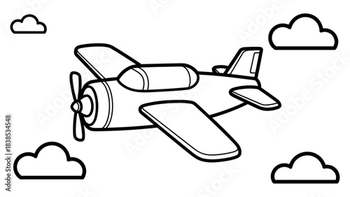 Minimalist airplane drawing with clouds in outline style for kids