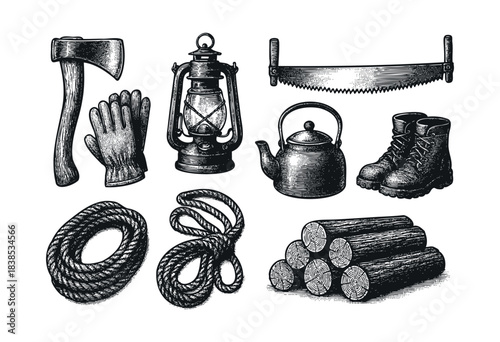 A selection of essential woodworking and outdoor tools are depicted in a detailed, vintage-style illustration — stock illustration.