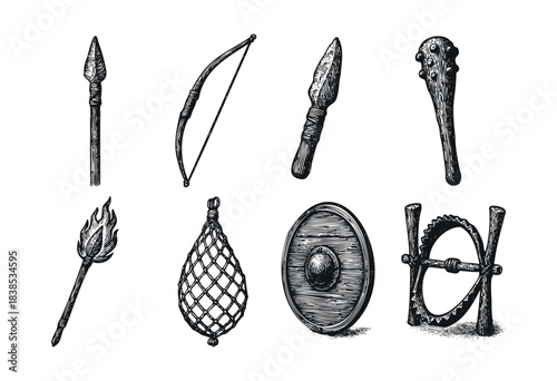 Hand-drawn vintage illustration of ancient weapons including spear, bow, torch, mace, and shield isolated on white — stock illustration.