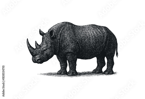A black and white, etched style illustration of a rhinoceros stands on a white background — stock illustration.