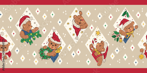 Cute Teddy Bears in Santa Hats. Christmas Holiday Horizontal Banner. Hand Drawing Vector Illustration.