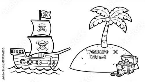 Pirate ship and treasure island with palm tree in black and white style
