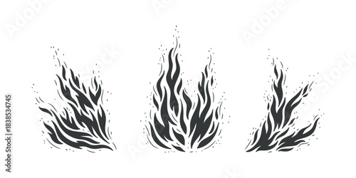 Hand drawn Vector Fire Flame Set. Black Campfire Silhouettes. Bonfire Handmade drawing Vector illustration.
