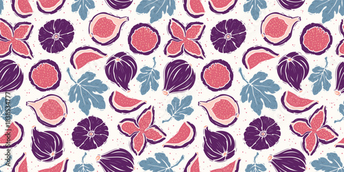 Wallpaper Mural Purple Fig and Leaves Seamless Pattern. Vibrant Fruit Background. Hand drawing Vector illustration. Torontodigital.ca