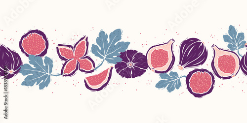 Fig and Leaves Seamless Border Pattern. Fruit Horizontal Banner. Hand drawing Vector illustration.
