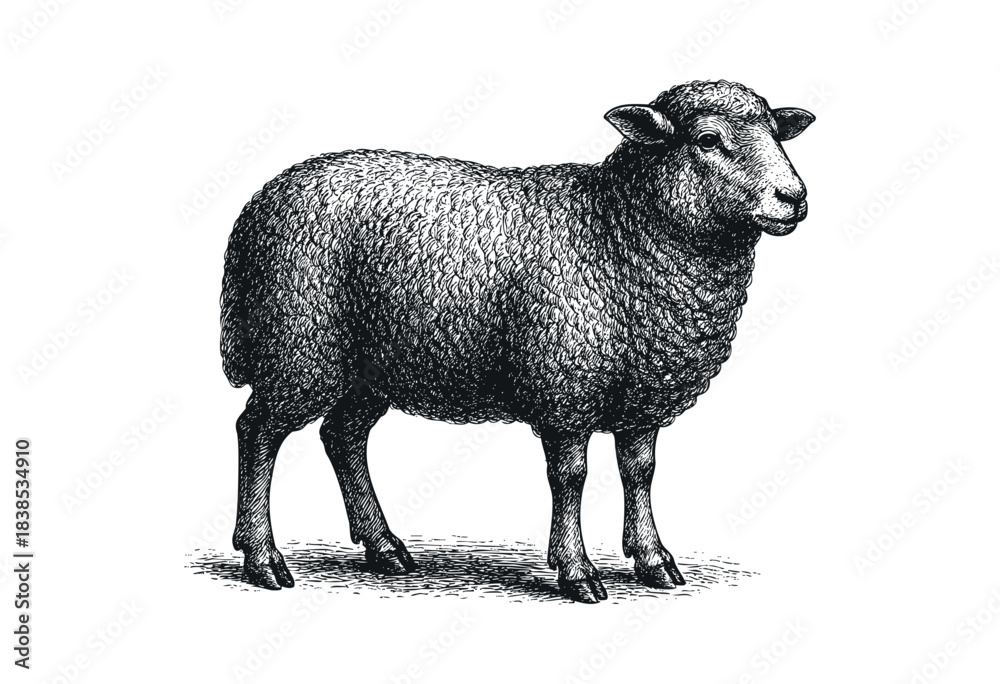 Fototapeta premium Monochrome drawing of a sheep in a vintage engraving style on a white background — stock illustration.