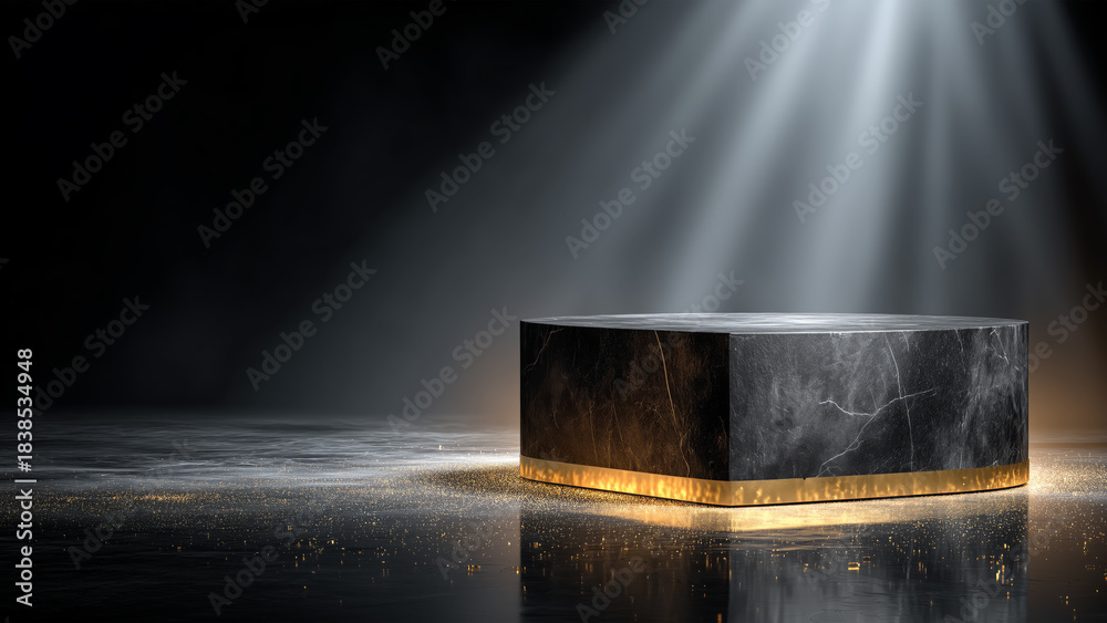 Naklejka premium Luxury Black Marble Podium with Golden Glow and Dramatic Spotlight