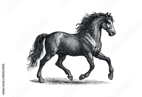 A black and white etching of a horse trotting with flowing mane and tail — stock illustration.