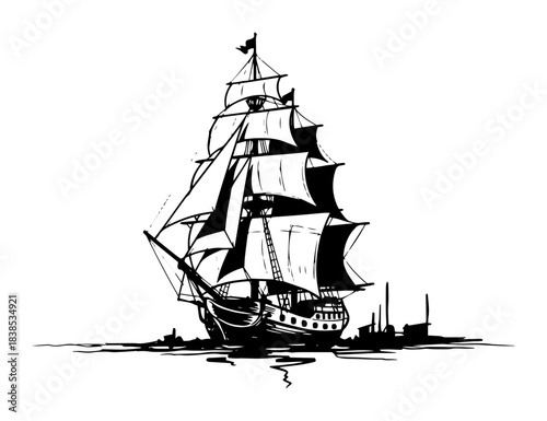 old tall sailing ship at sea vector black silhouette