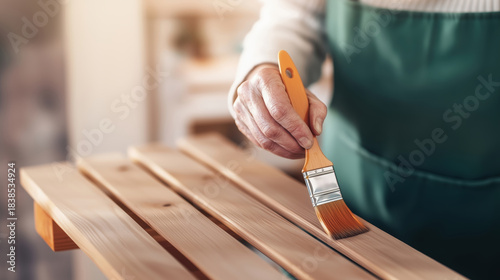 Man is painting a wooden surface with a brush. The brush is orange and the man is wearing a green apron