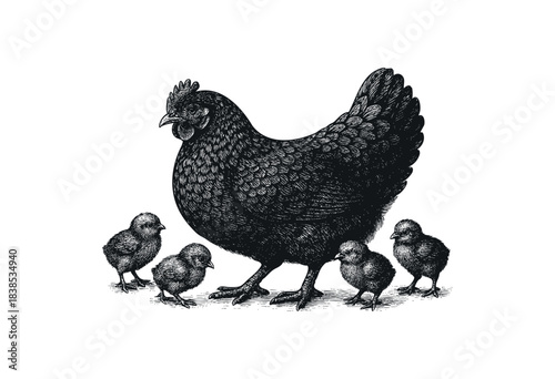 A hen with her chicks, rendered in a detailed vintage engraving style — stock illustration.