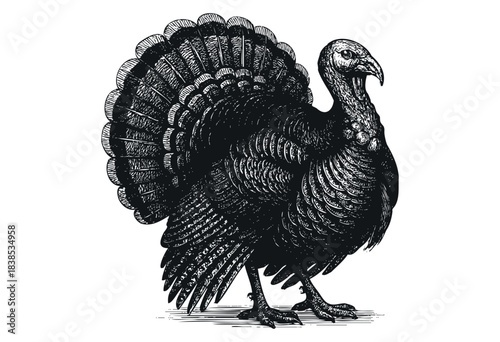 A detailed vintage-style drawing of a turkey, standing proudly with its tail feathers fanned out, in a black and white engraving style — stock illustration.