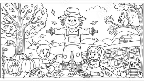 Autumn coloring page with kids and scarecrow in pumpkin field
