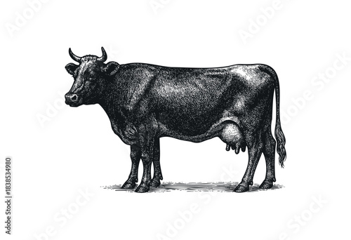 A black and white vintage style illustration of a cow on a white background — stock illustration.