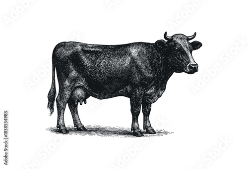 Detailed monochrome illustration of a standing cow in an engraved style — stock illustration.