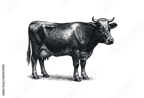 Monochrome illustration of a cow, drawn in an engraving style — stock illustration.