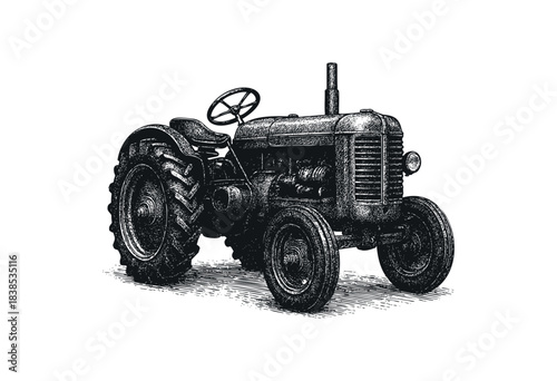 A detailed illustration of an antique tractor with a distinct hatch style, perfect for historical or agricultural themes — stock illustration.